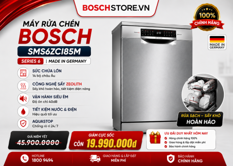 Máy rửa chén độc lập Bosch SMS6ZCI85M - Series 6 - Sấy Zeolith - Made in Germany